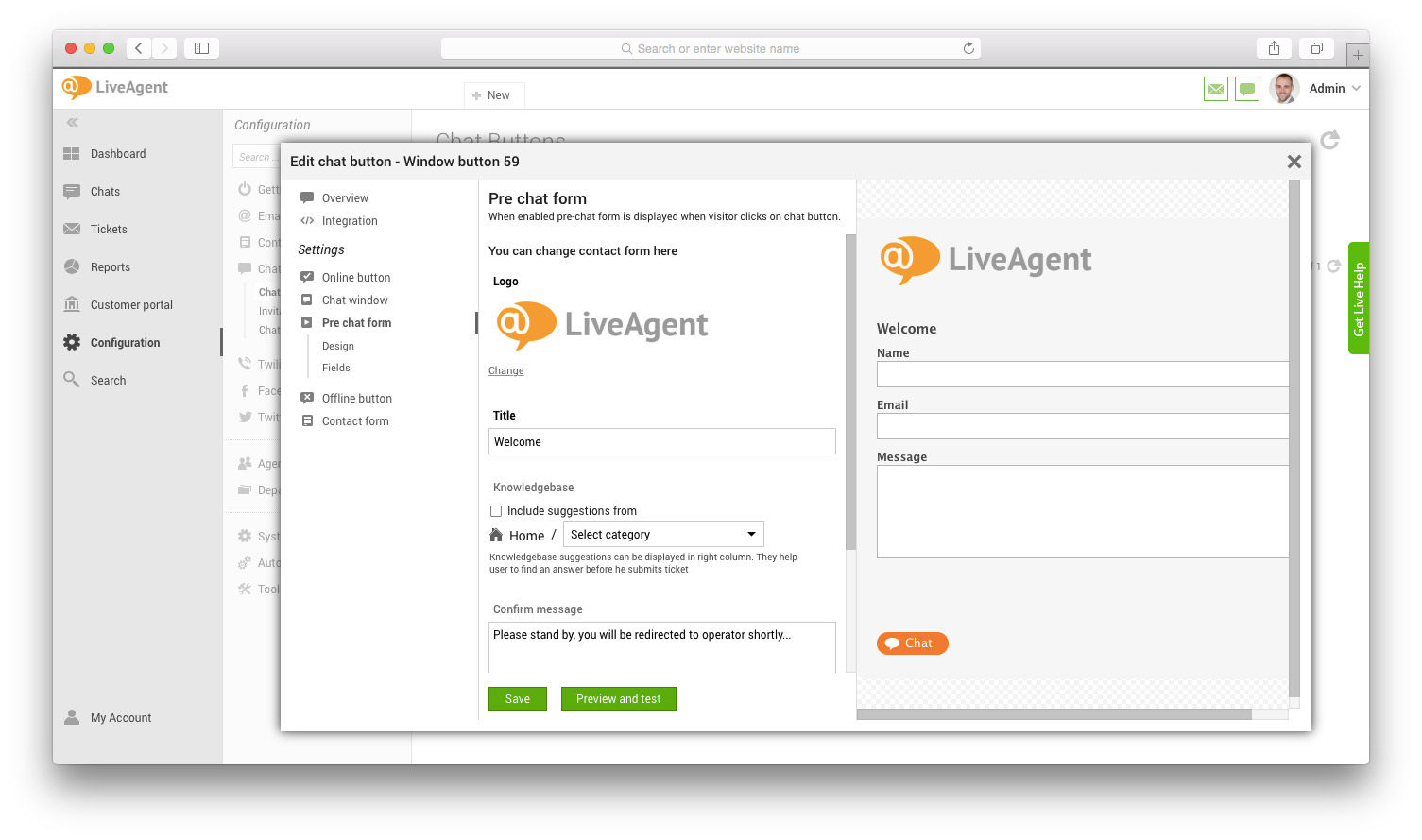 Okno obrazca pred klepetom s polji in predogledom