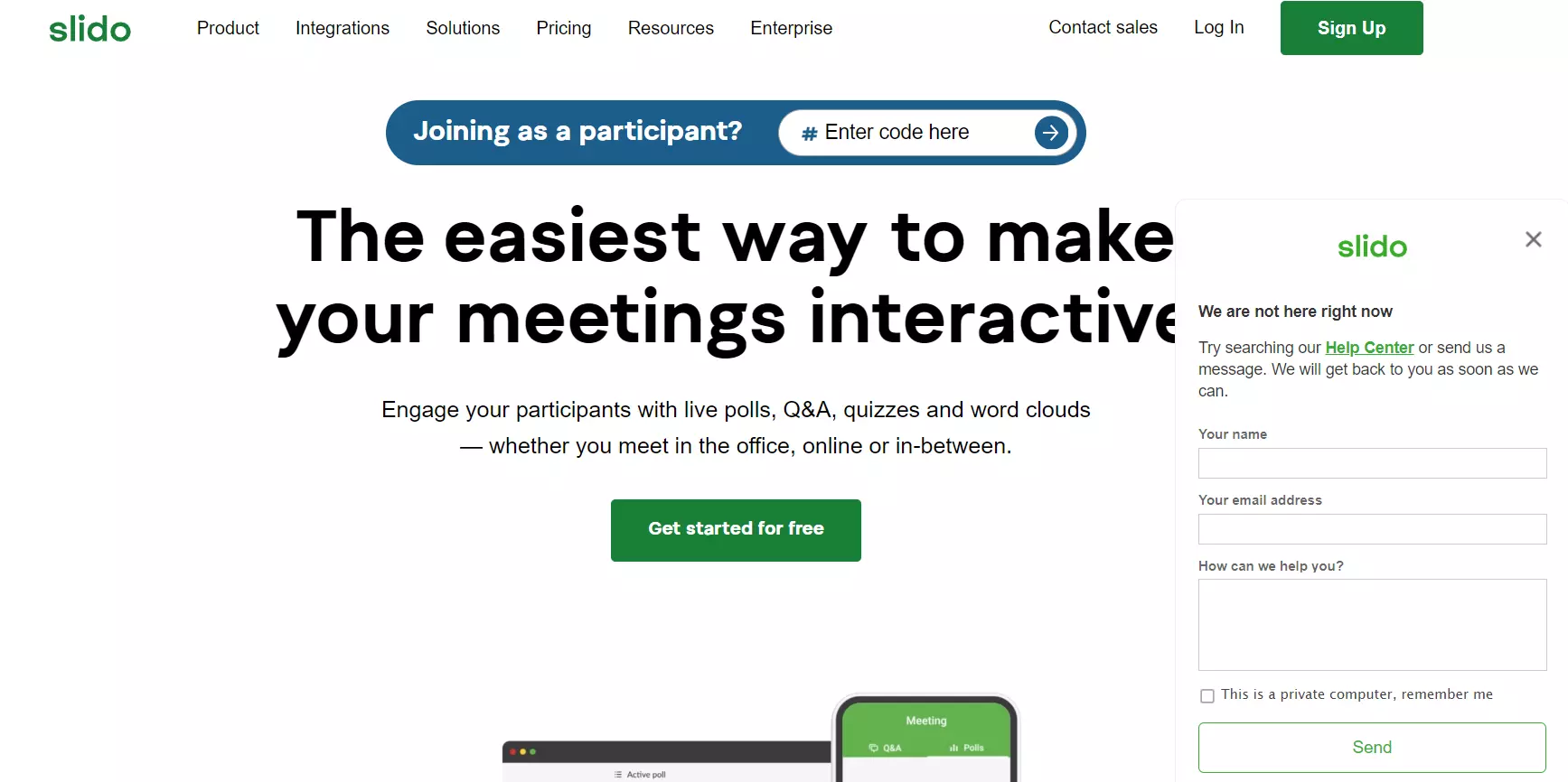 Domača stran Slido s svojim chatboxom