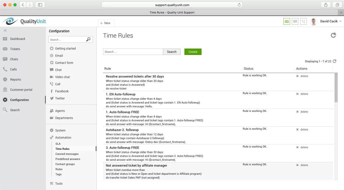 LiveAgent časovna pravila