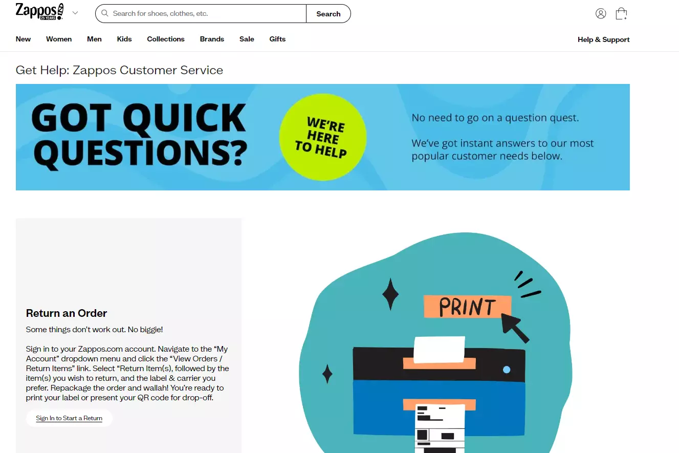 Stran podpore Zappos, ki prikazuje njihove možnosti podpore