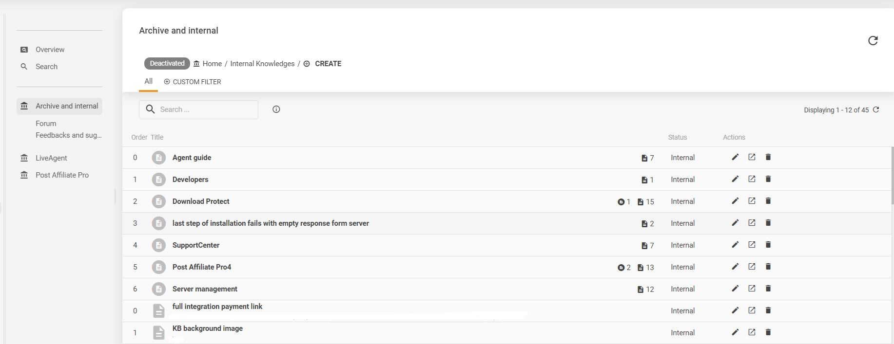 Primer notranje baze znanja LiveAgent