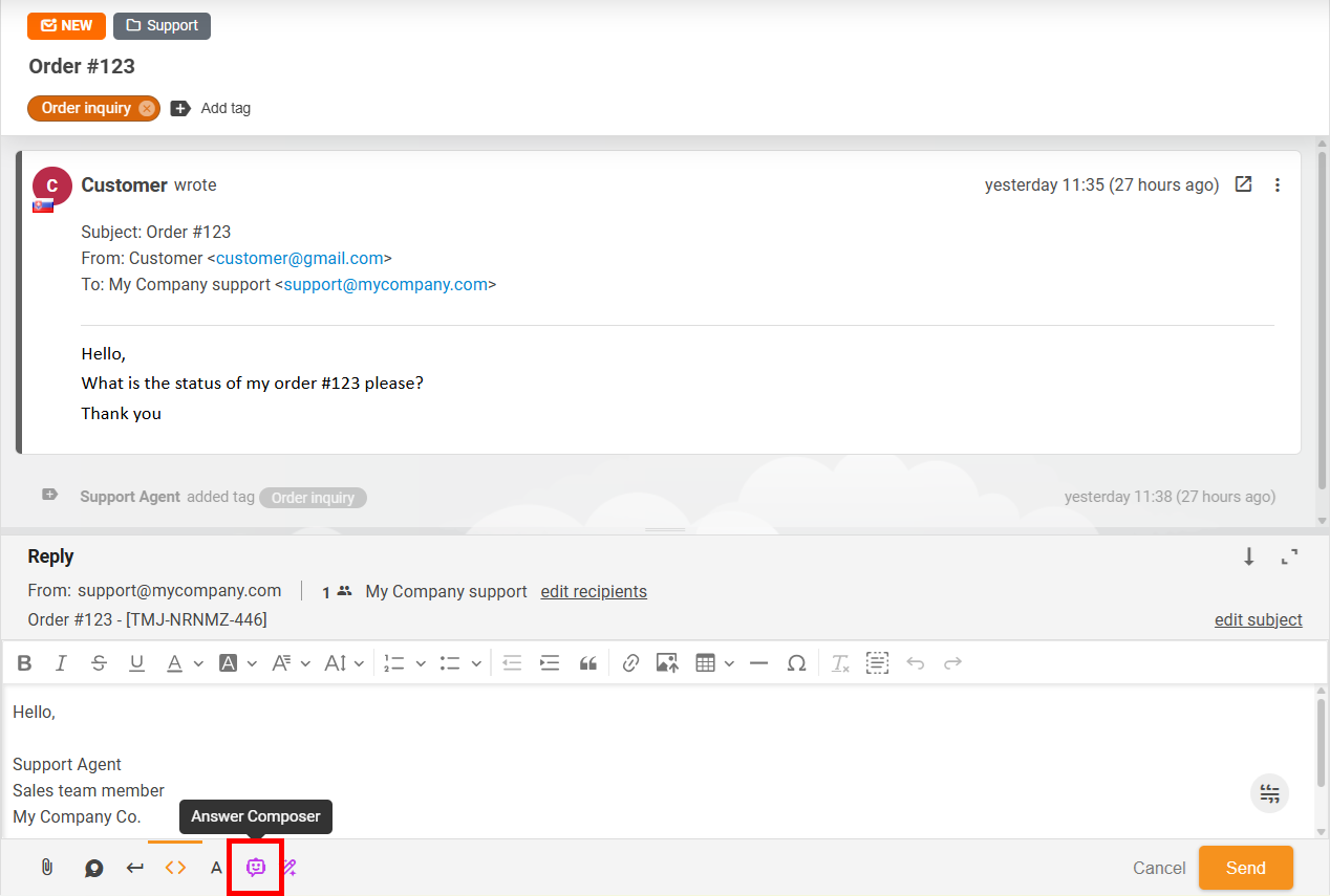 AI drafting a ticket reply in LiveAgent