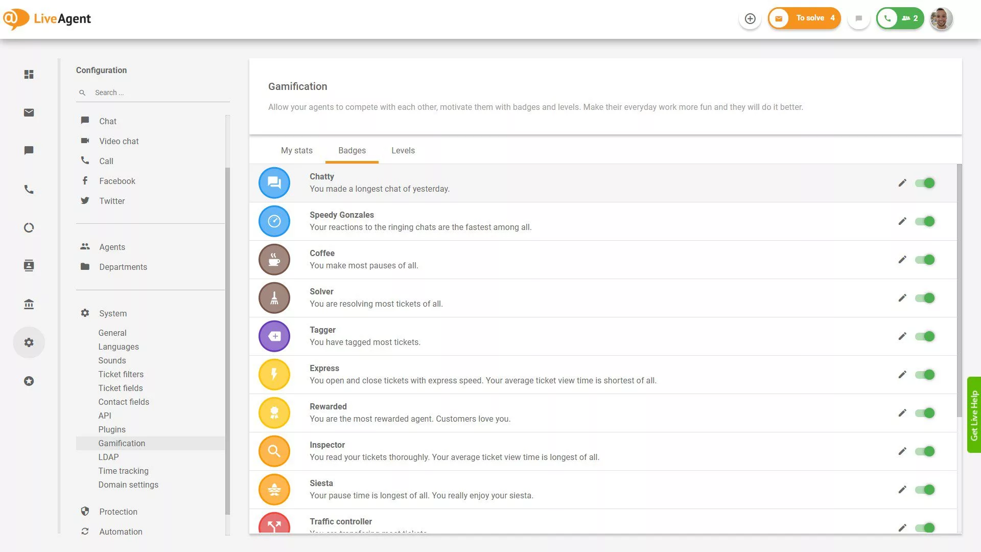 Seznam razpoložljivih značk v LiveAgent