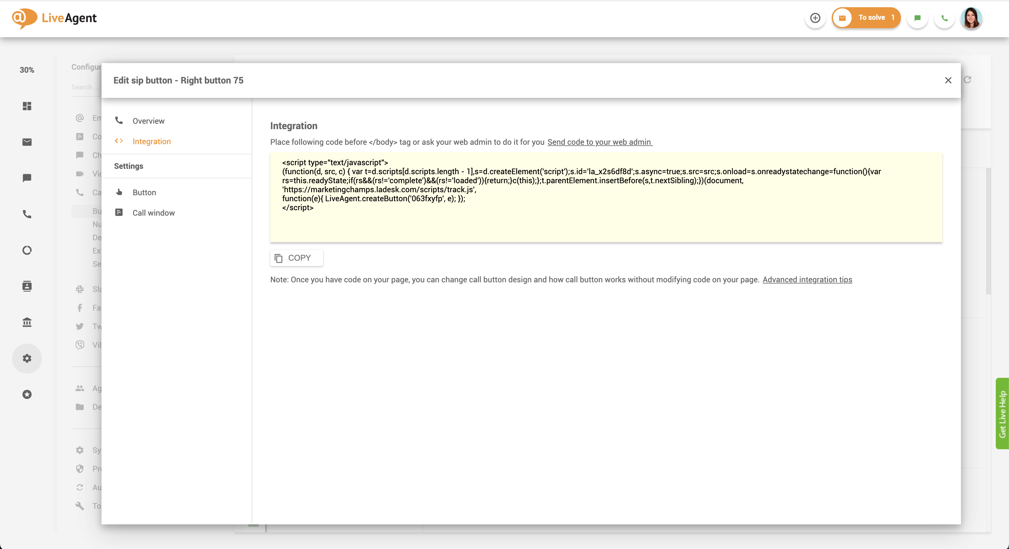 Kod integracije gumba za klic