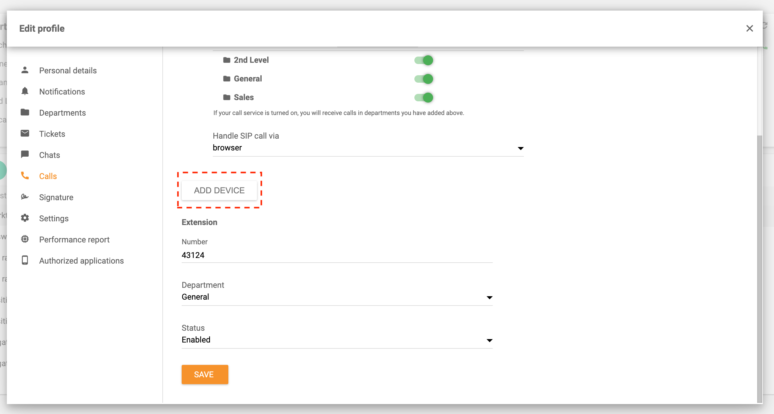 Usmerjanje klicev dodaj napravo