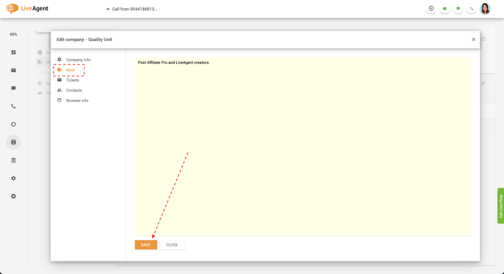 Opomba podjetja v LiveAgent