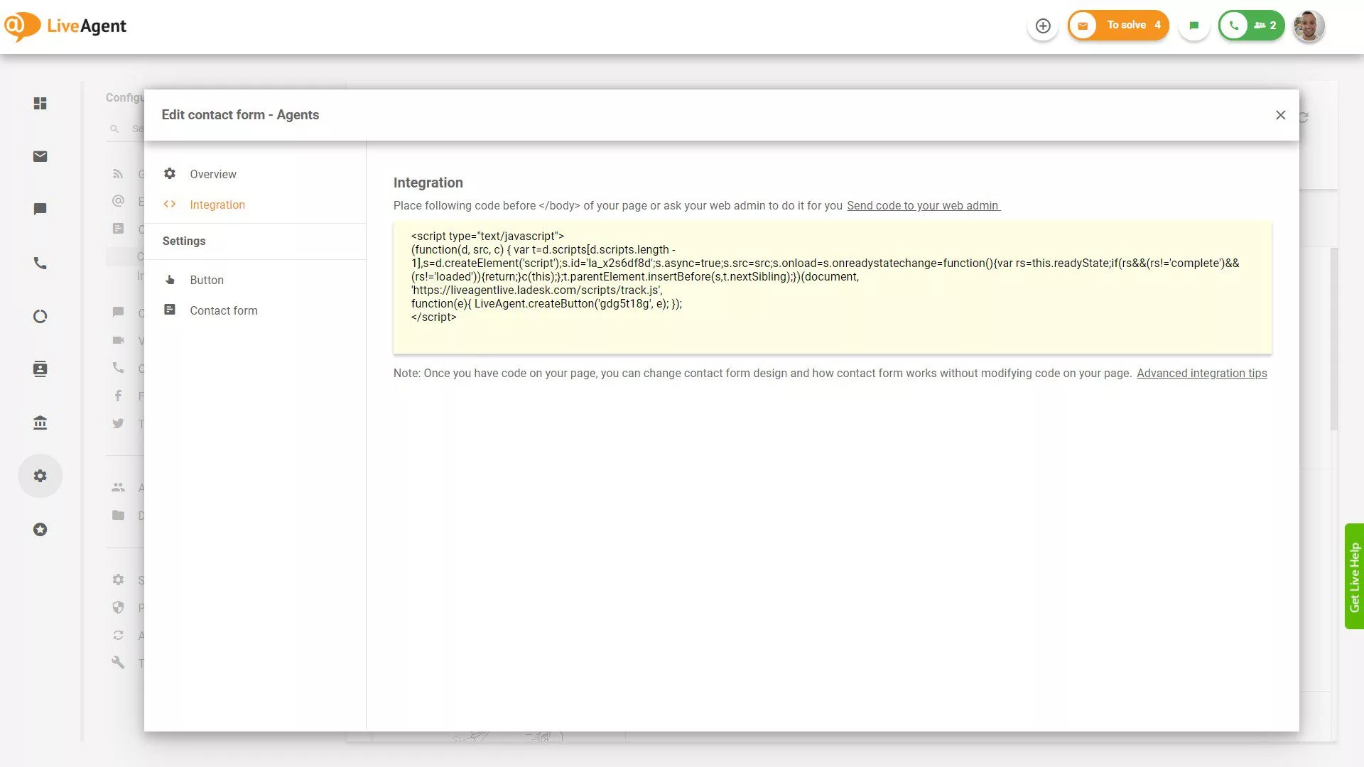 Koda za Integracijo Obrazca za Stike LiveAgent