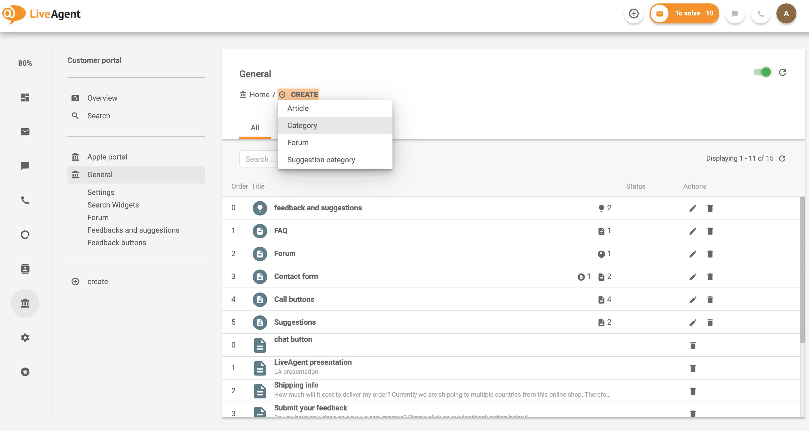 Example of creating a category for customer portal in LiveAgent knowledge base system