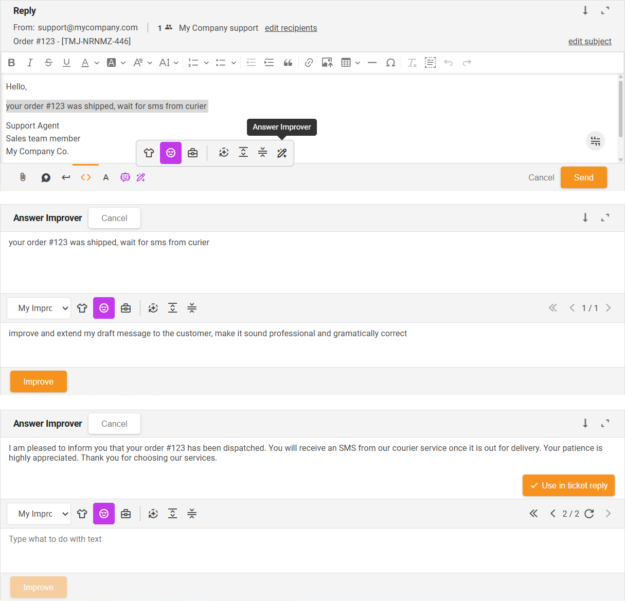 Funkcija izboljševalnika odgovorov (prilagojena navodila) izpopolnjuje sporočilo