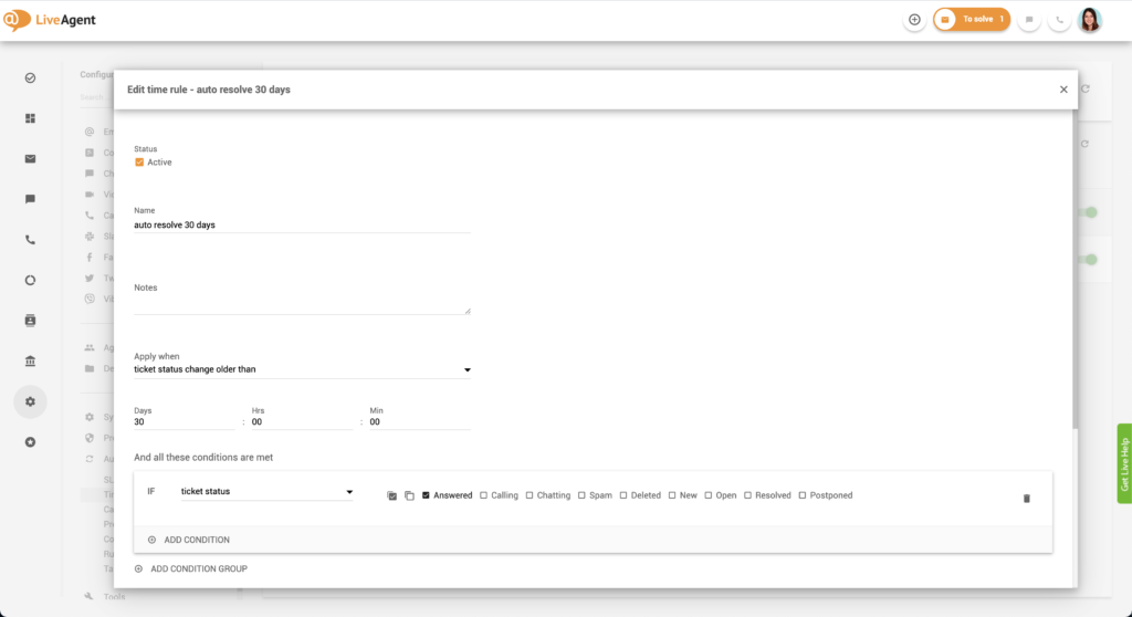 Urejanje časovnega pravila v LiveAgent