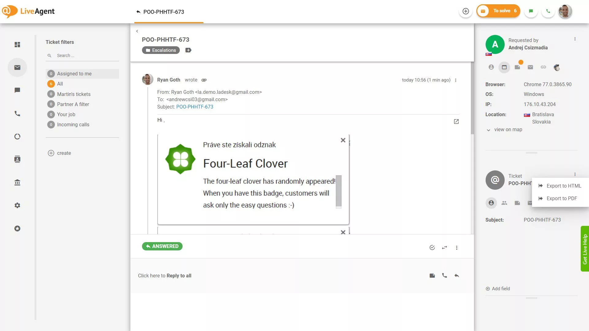 Funkcija izvoza vstopnic, ki omogoča izvoz v formate HTML in PDF