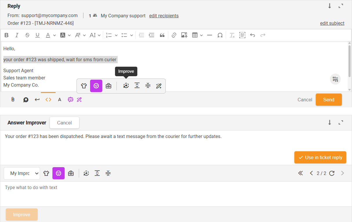 Funkcija Izboljšaj AI izboljševalnika odgovorov - pregled vmesnika