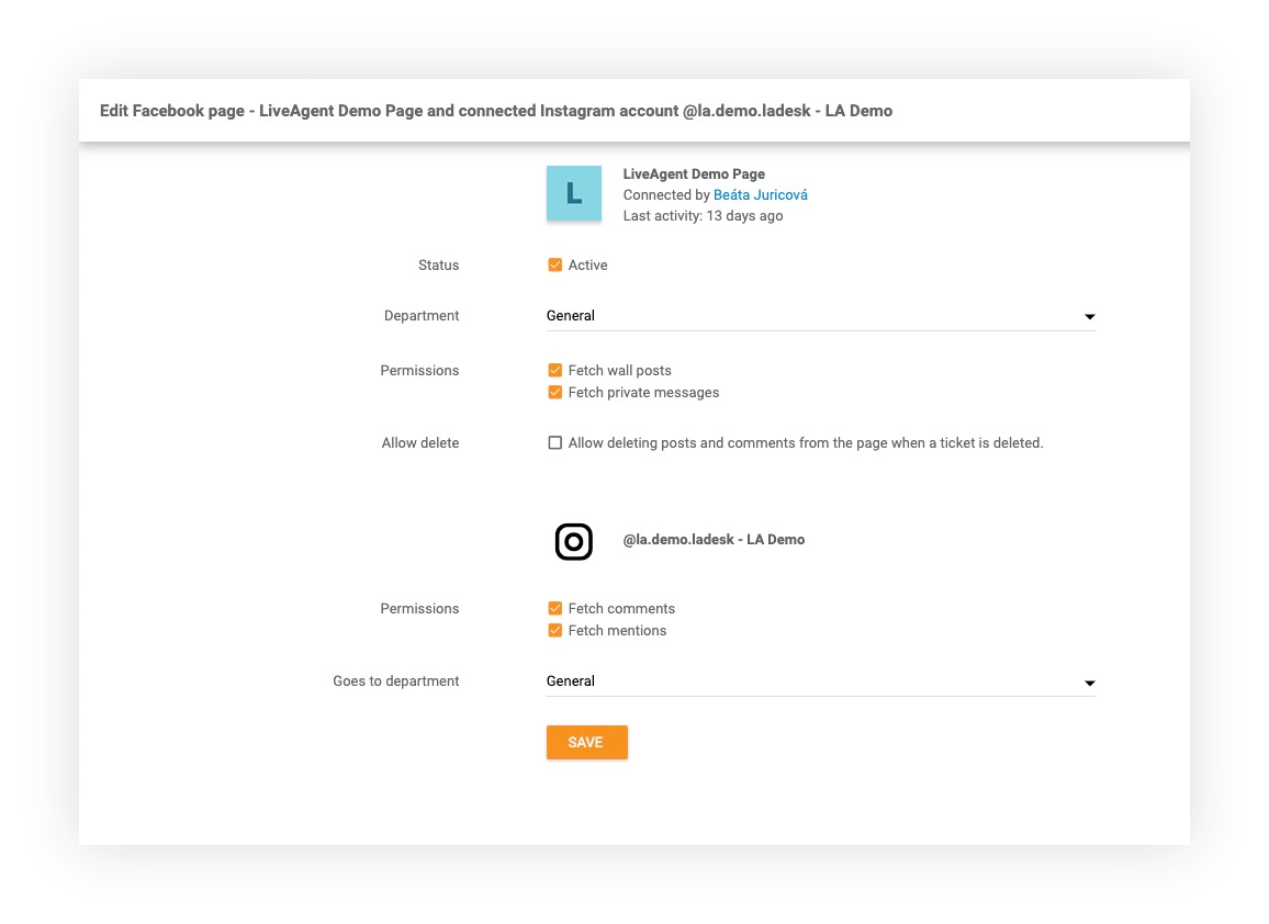 Funkcija Instagram v LiveAgent