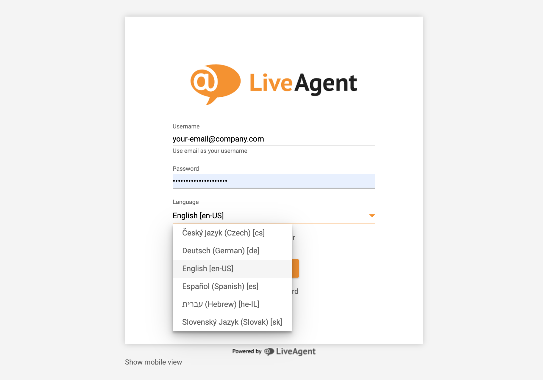 LiveAgent prijava - izbira jezika