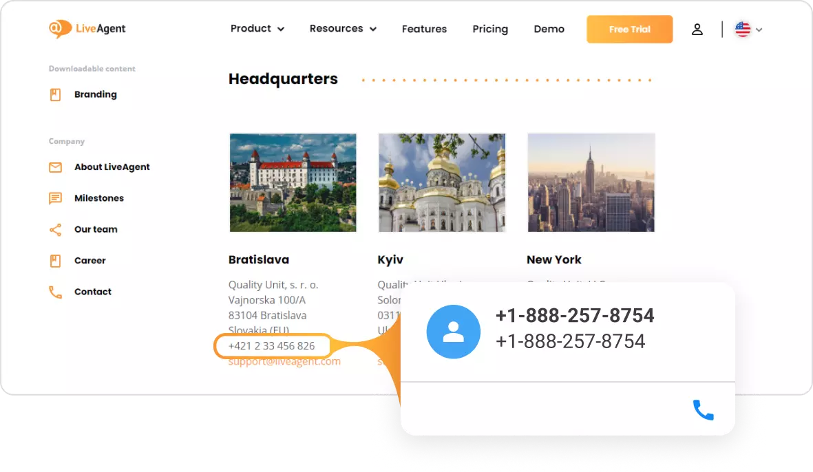 Kontaktna kartica LiveAgent za klik na klic