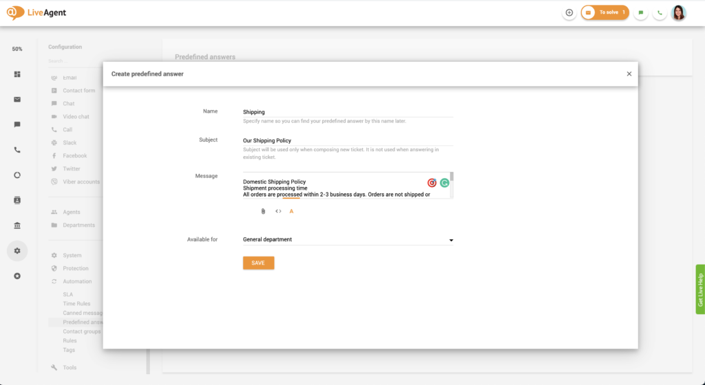 Nastavitev vnaprej določenih odgovorov v LiveAgent