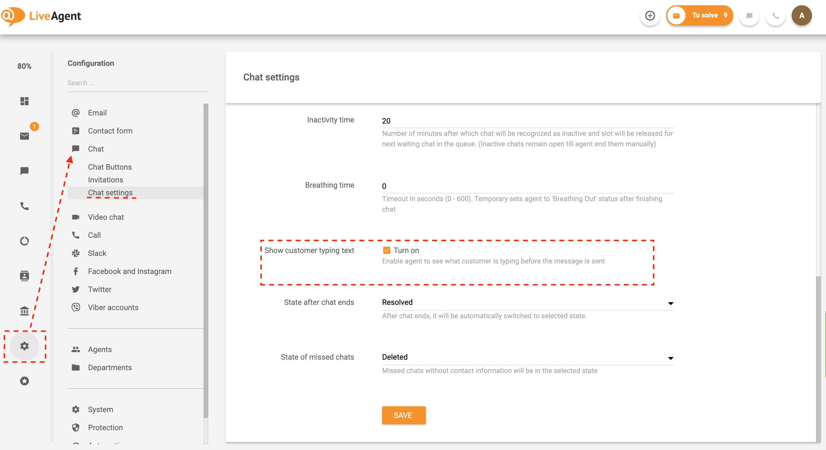 Nastavitve predogleda tipkanja v realnem času v LiveAgent