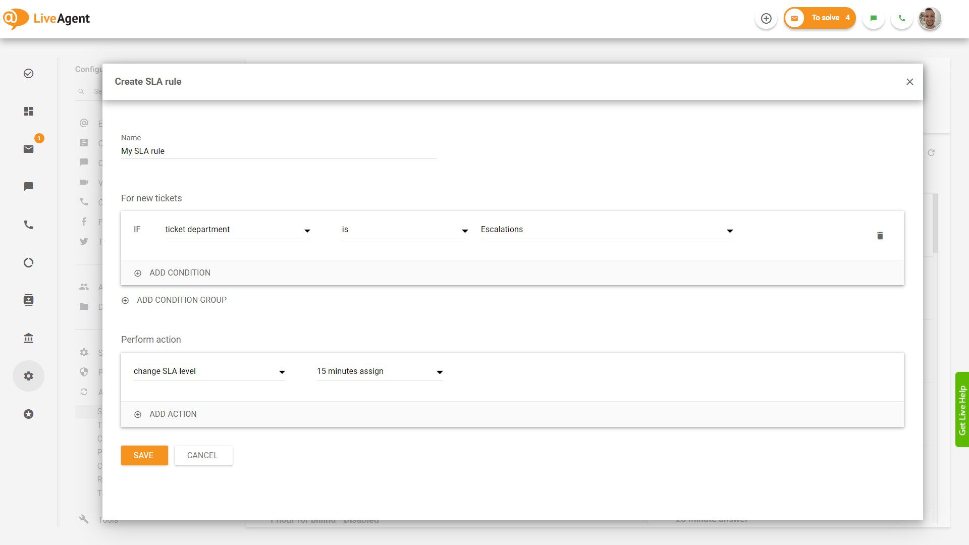 Ustvarjanje pravila SLA v LiveAgent