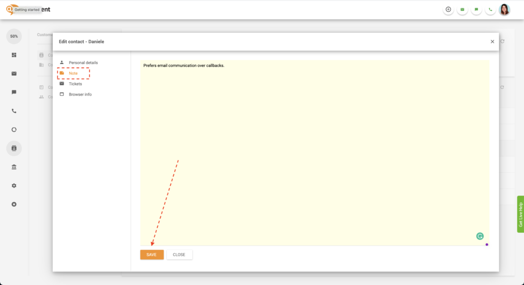 Shranjevanje opombe stika v LiveAgent