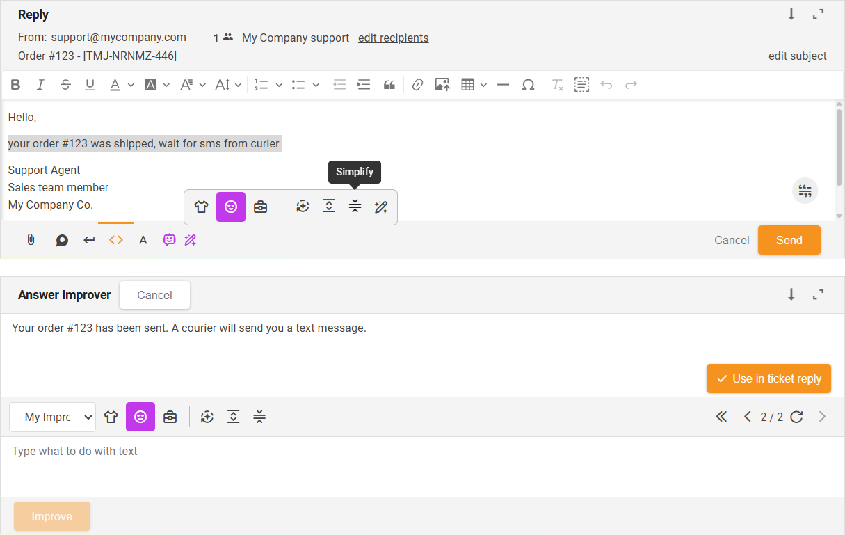 Funkcija Poenostavi AI izboljševalnika odgovorov - pregled vmesnika