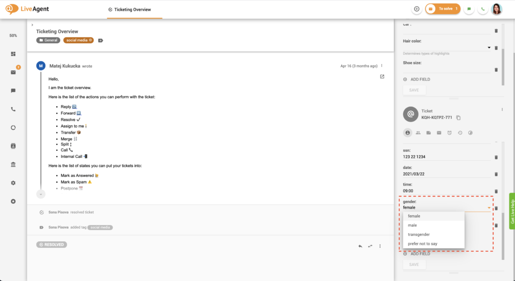 Primer seznamskega polja vstopnic