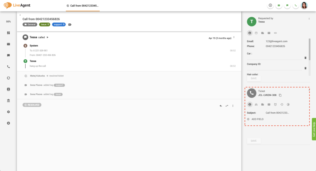 Plošča s podatki o vozovnici v LiveAgent