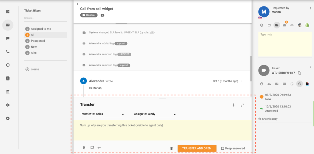 Prenos vstopnice v LiveAgent