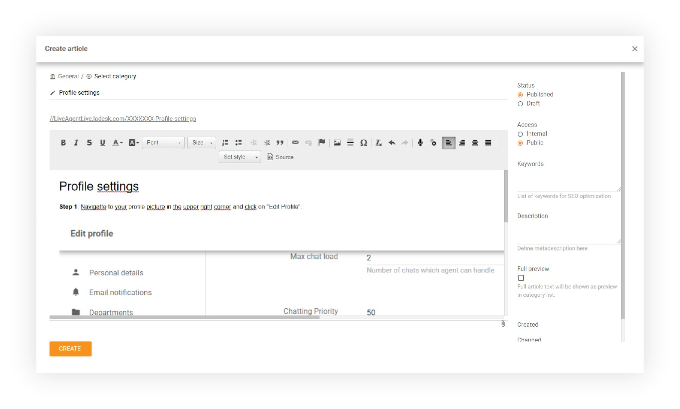 WYSIWYG urejevalnik za članke baze znanja