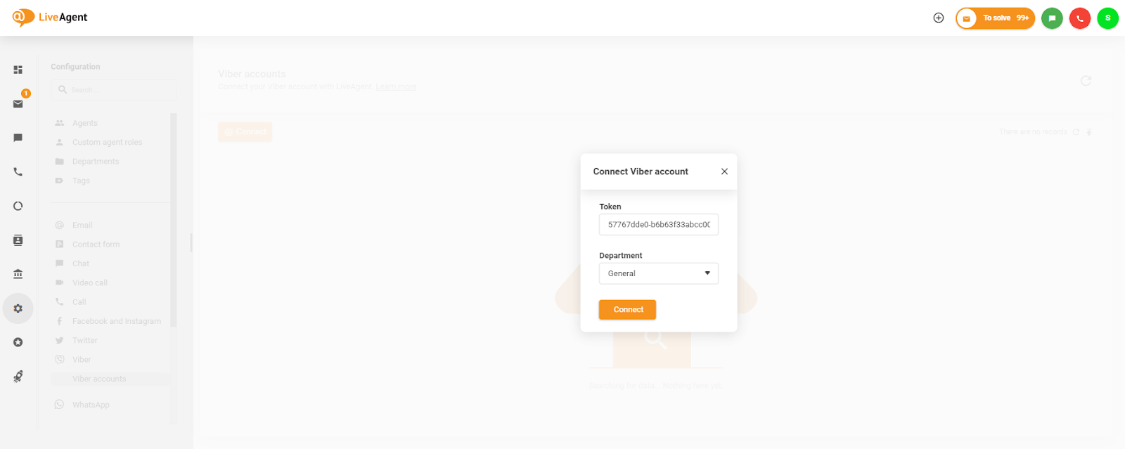 Postavitev žetona v okno Poveži Viber račun