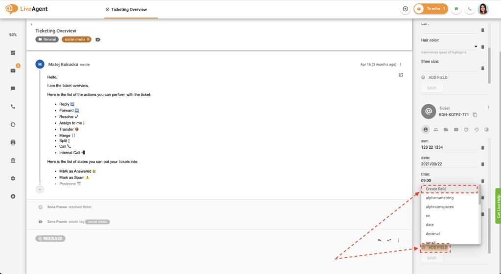 Dodajanje novega polja vstopnice v prikazu vstopnice