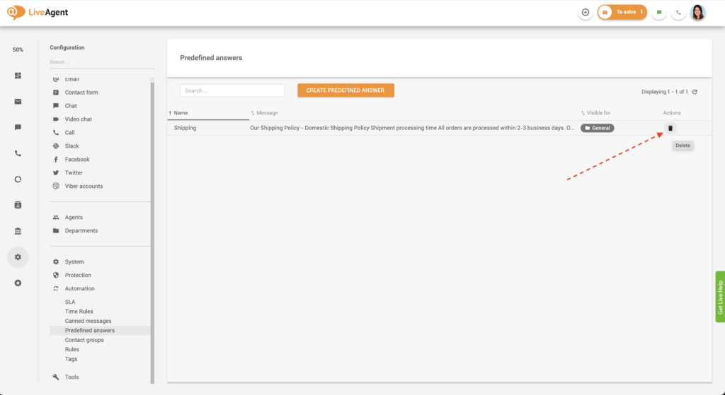 Brisanje vnaprej določenega odgovora v LiveAgent