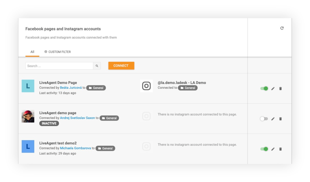 Povezovanje Facebookovih in Instagramovih računov s programom LiveAgent