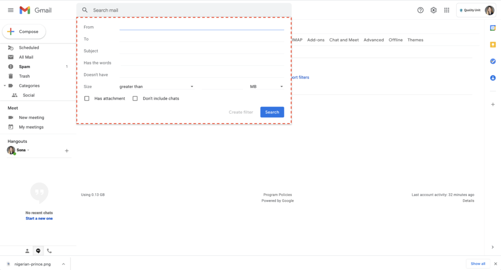 Primer filtriranja spam e-pošte v Gmailu 2
