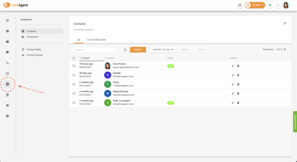 Iskanje stikov v LiveAgent