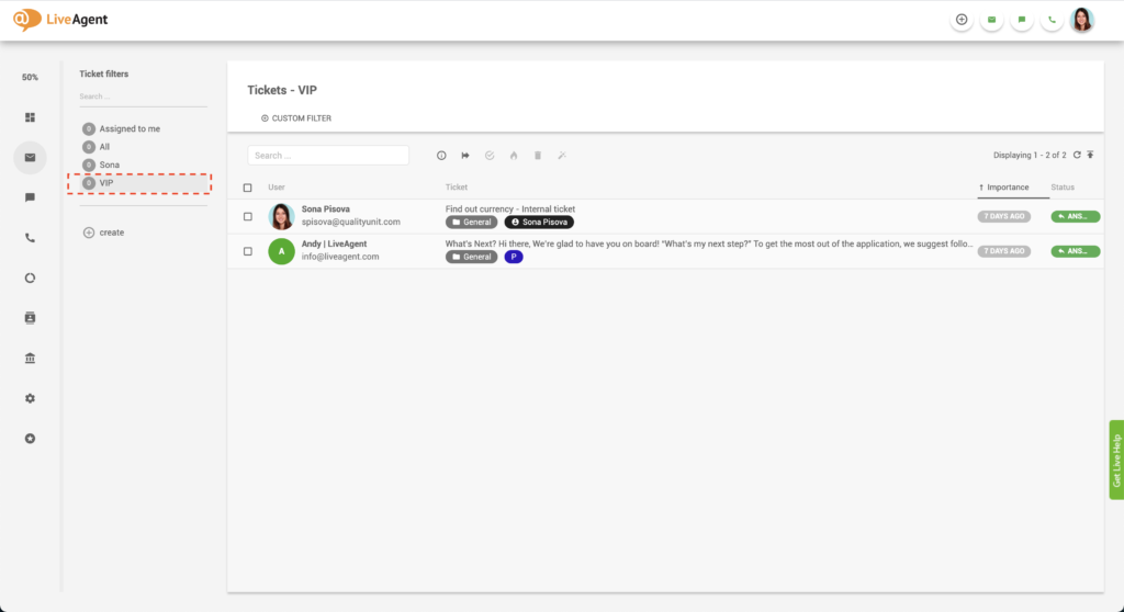 LiveAgent VIP ticket filter