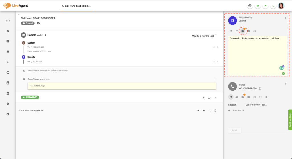 Opomba stranke Liveagent