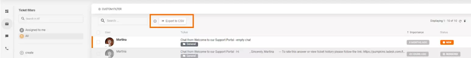 CSV izvoz v sistemu vstopnic LiveAgent