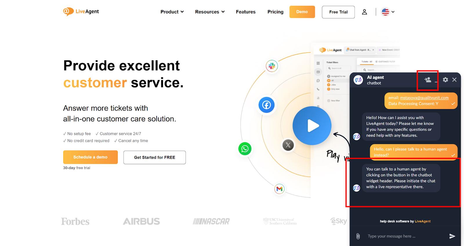 Funkcija LiveAgent chatbota za prenos na človeške agente
