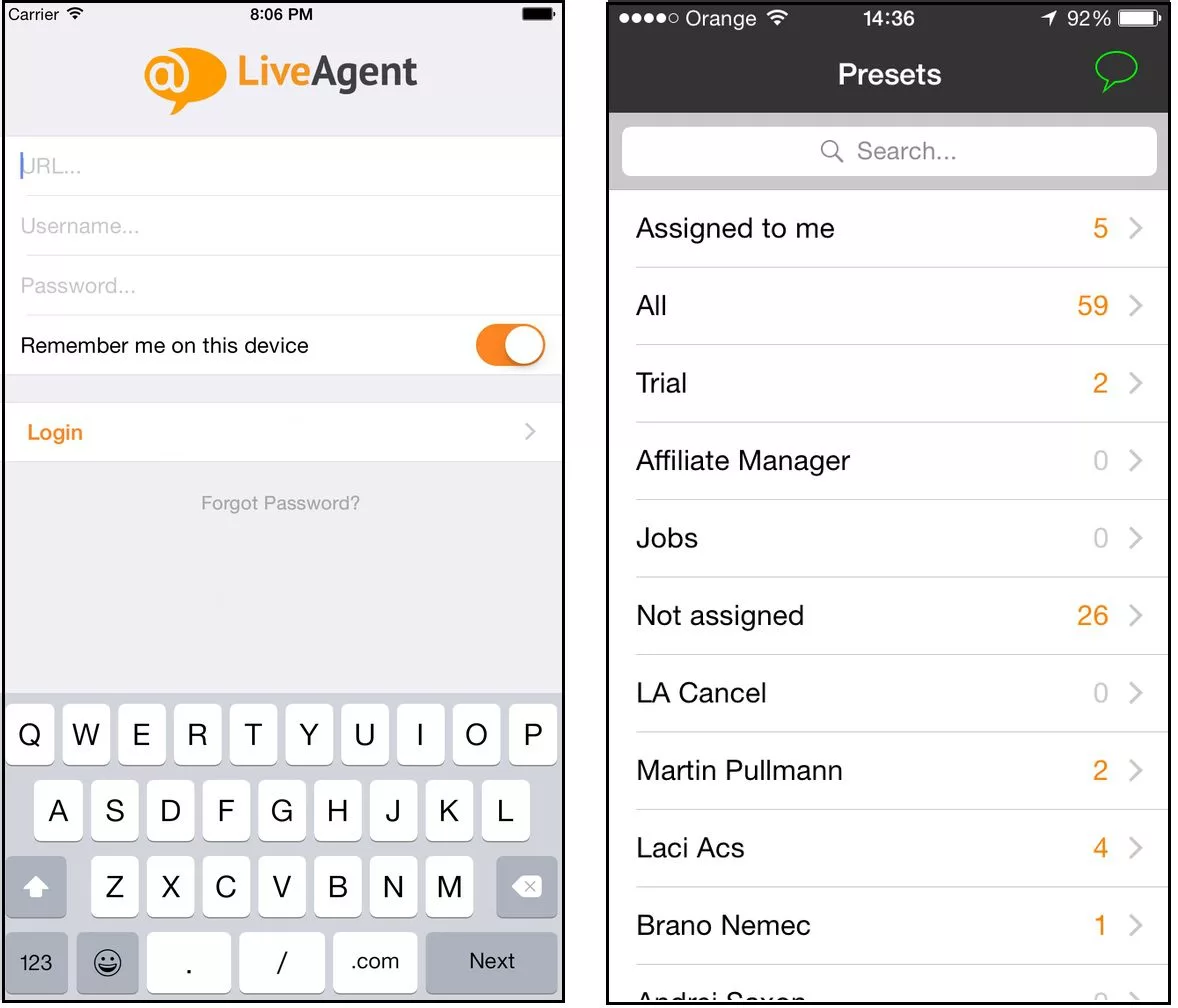 Vmesnik aplikacije LiveAgent iOS