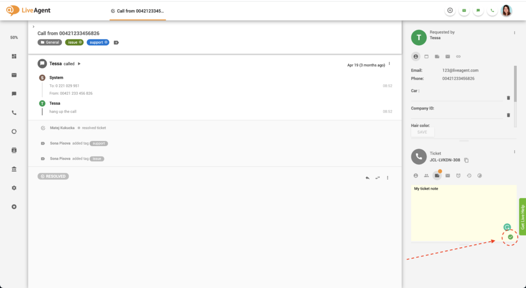 Opombe vozovnic LiveAgent