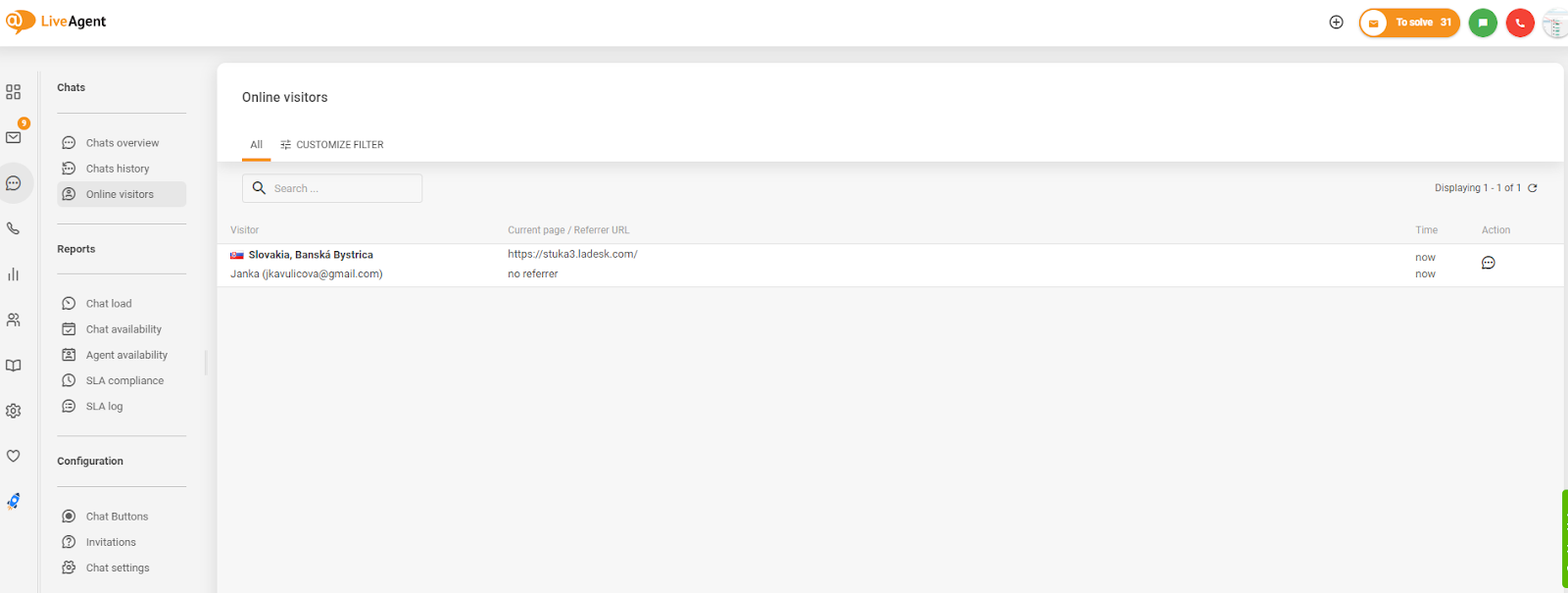 Posnetek zaslona sledenja obiskovalcem spletnega mesta v LiveAgent