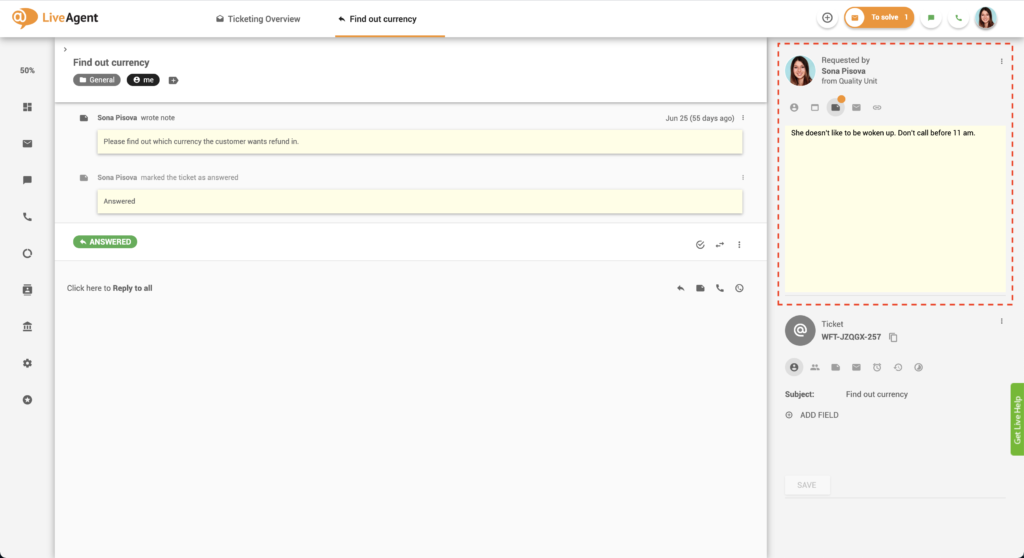 Opombe v vstopnicah - LiveAgent