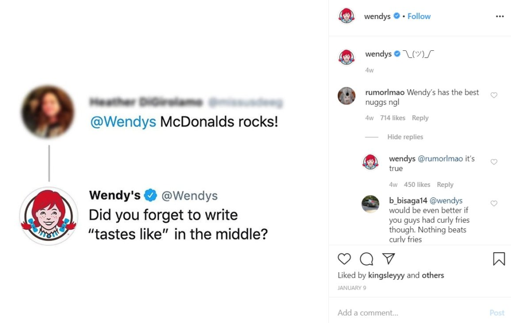 Močna prisotnost Wendy's na Instagramu