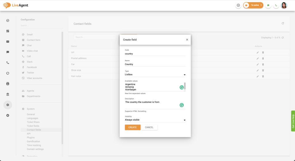 Nastavitev kodnega imena za polje stika