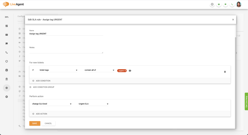 Primer nastavitve nujnega SLA