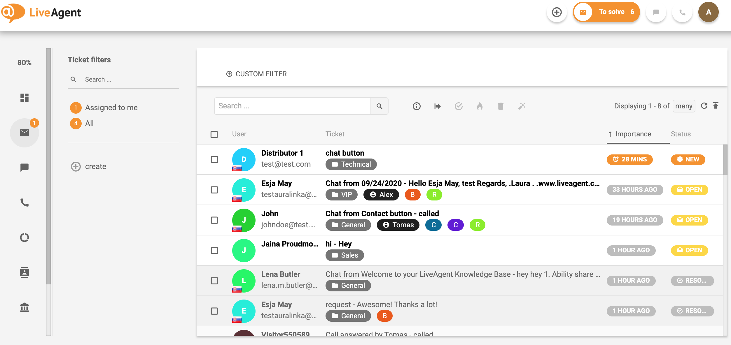 Pregled vmesnika sistema za vstopnice v LiveAgent.