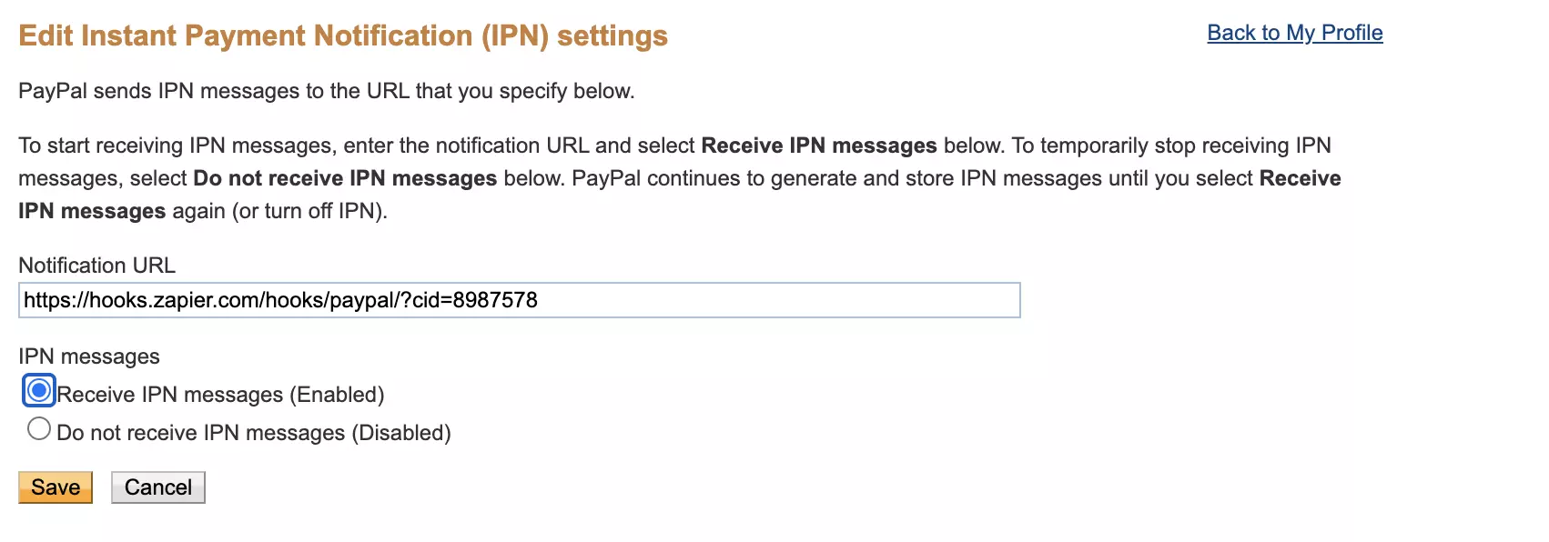 Razdelek nastavitev Instant Payment Notification v PayPal