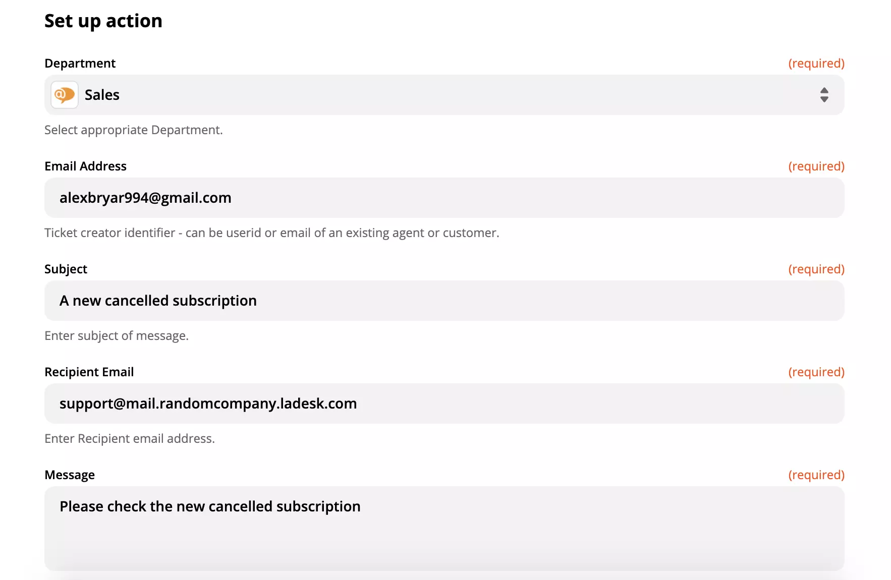 Primer nastavitve dejanja LiveAgent