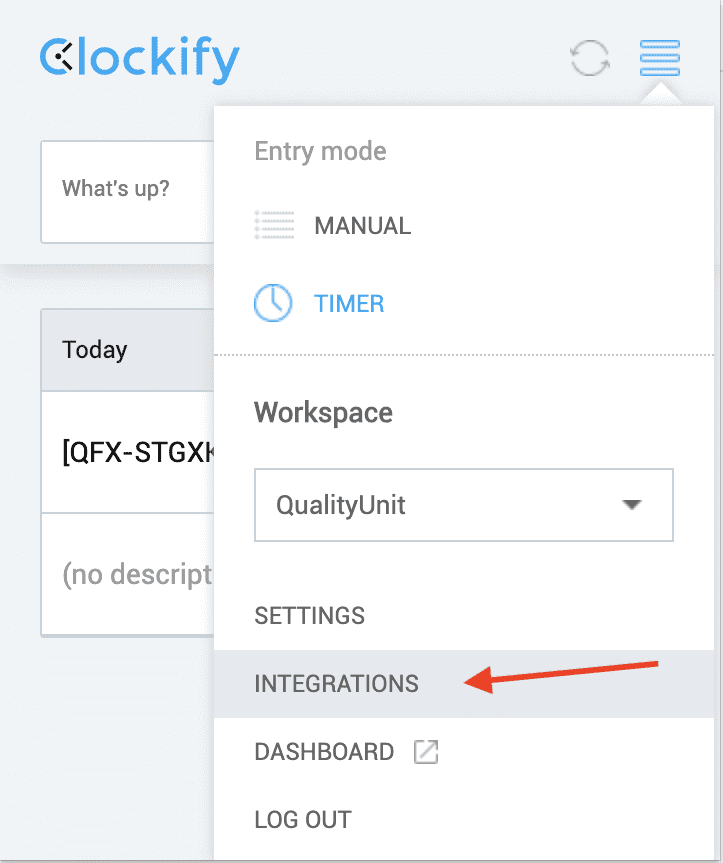Meni integracij Clockify