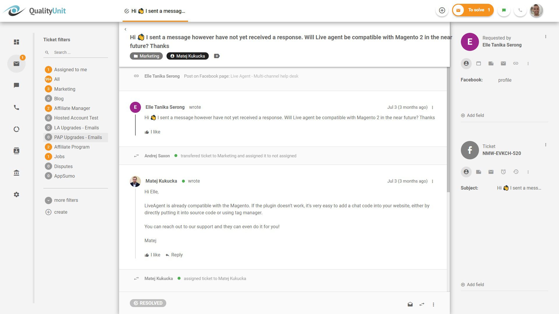 Odgovarjanje na objave na Facebooku iz LiveAgent